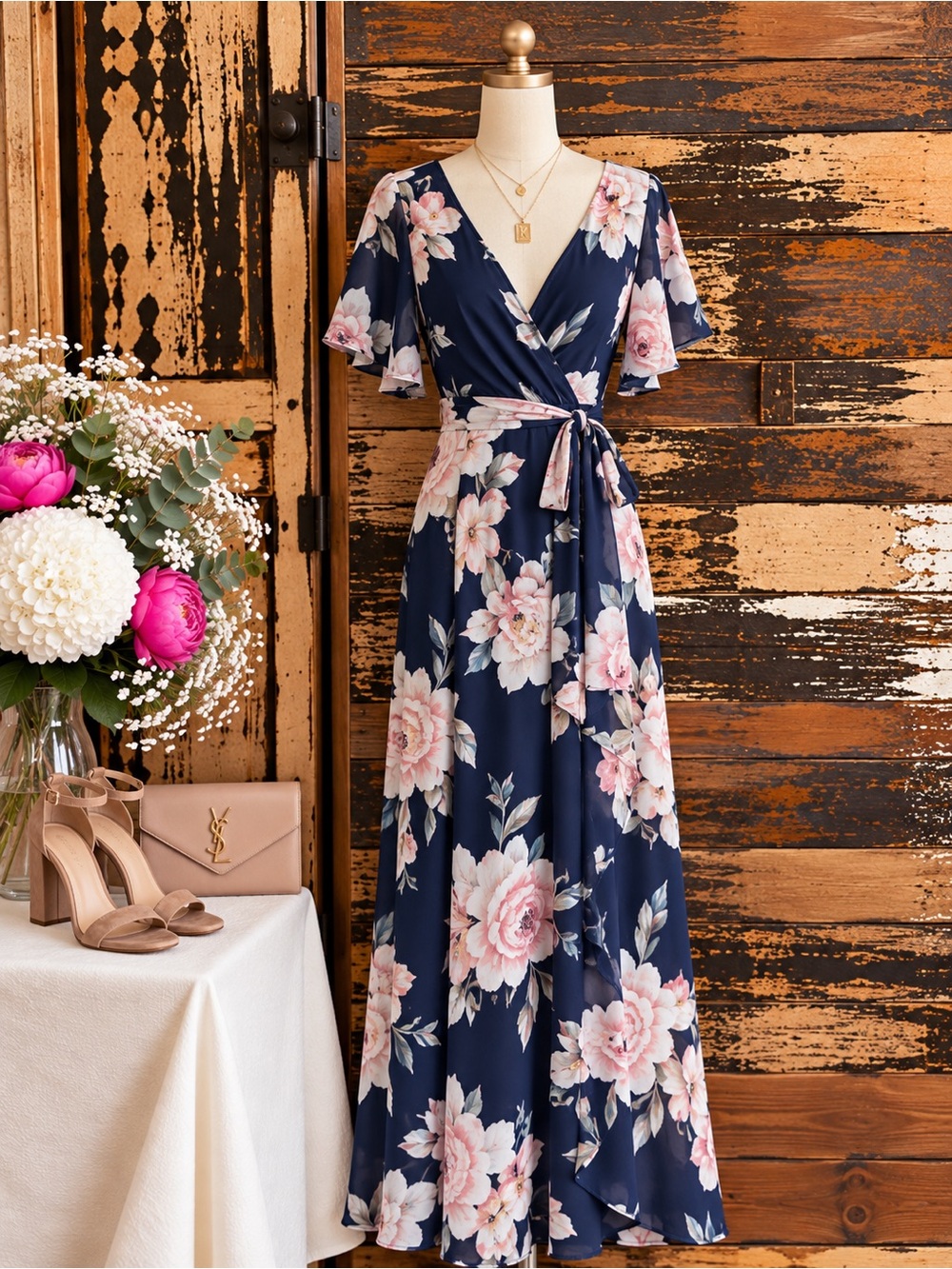 Luxology Navy Floral Faux Wrap Maxi Dress | Wedding Guest | NWOT Size 8